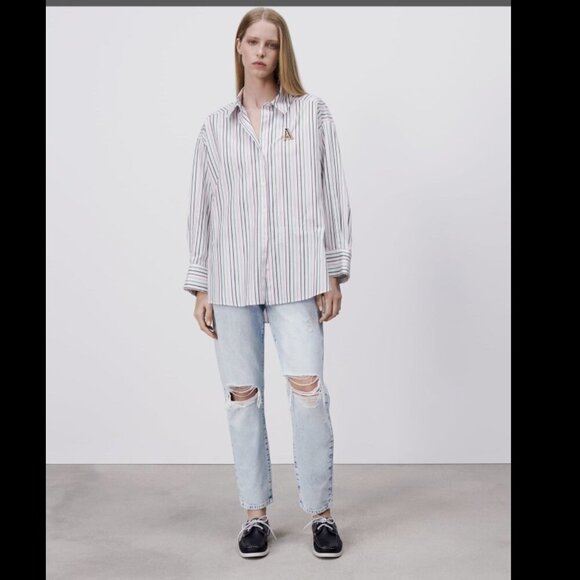 Zara White Striped Cotton Oversized Blouse/Shirt. Size s - Picture 3 of 10
